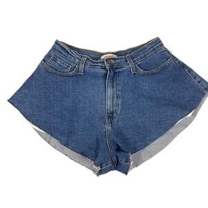 Vibrant MIU Women High Waisted Flared Denim Shorts Medium Wash Raw Hem Size L
